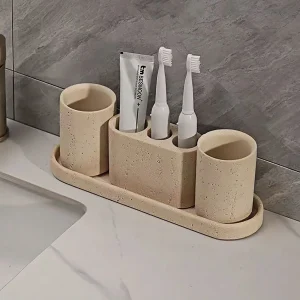 Badkamerset met Zeepdispenser, Tandenborstelhouder en Dienblad in Steenlook